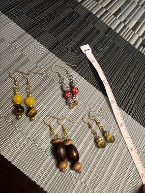 Handmade Yellow and Brown Bead Drop Earrings — Set of 4 Pairs